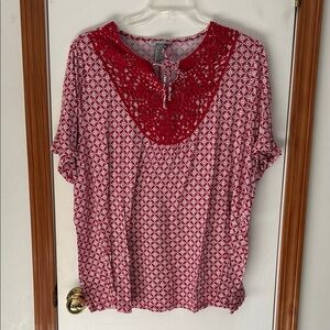 Catherine’s Red and White Tie Front Lace Accent Top